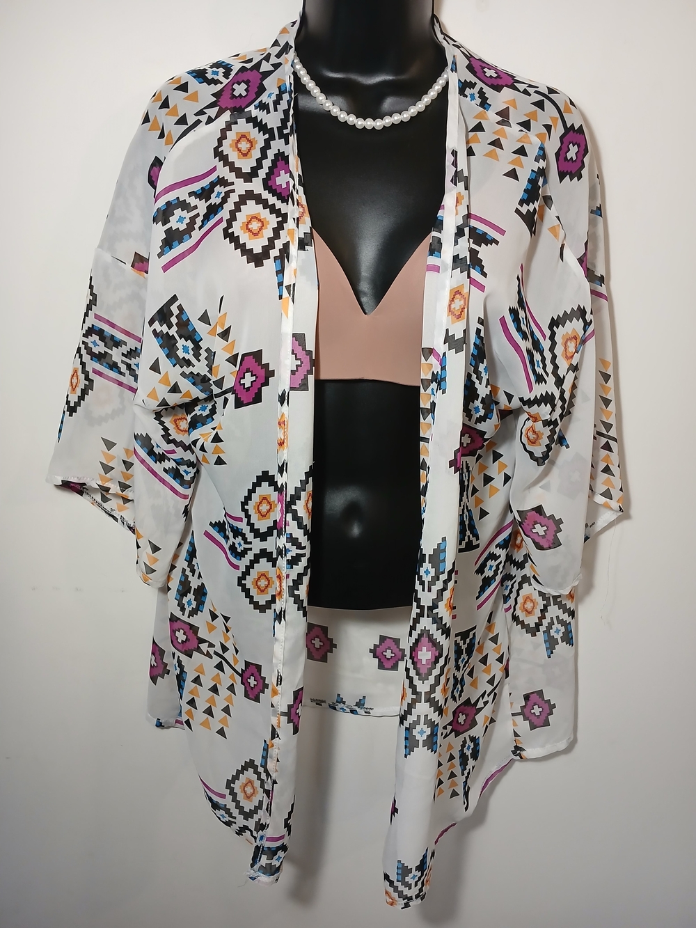 Sheer White Aztec Print Kimono with Purple & Black Accents